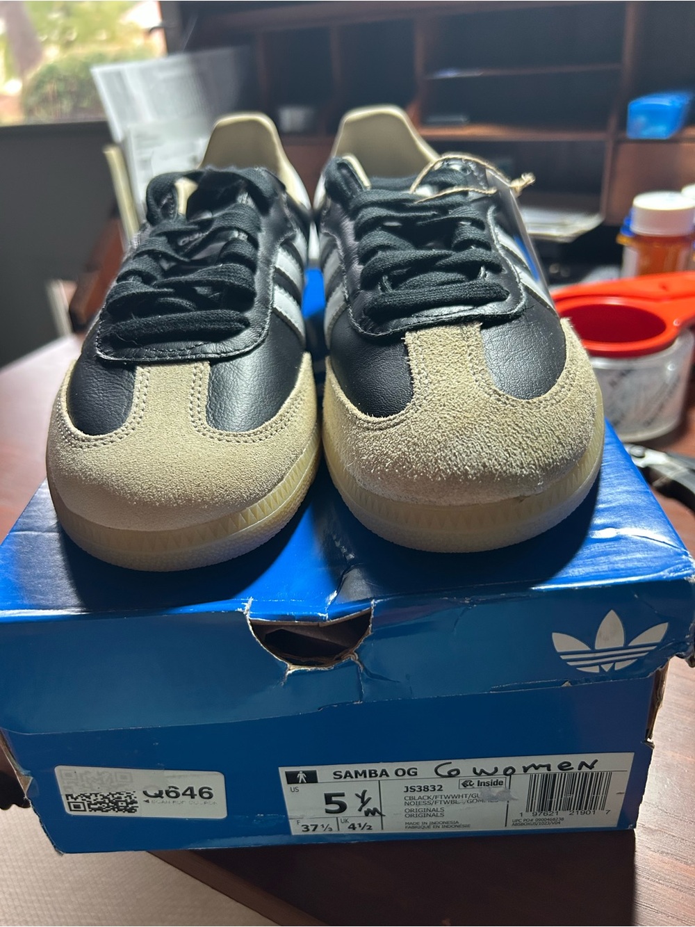 adidas Samba OG Women's Sneakers - Black & Beige, left shoe toe is different.